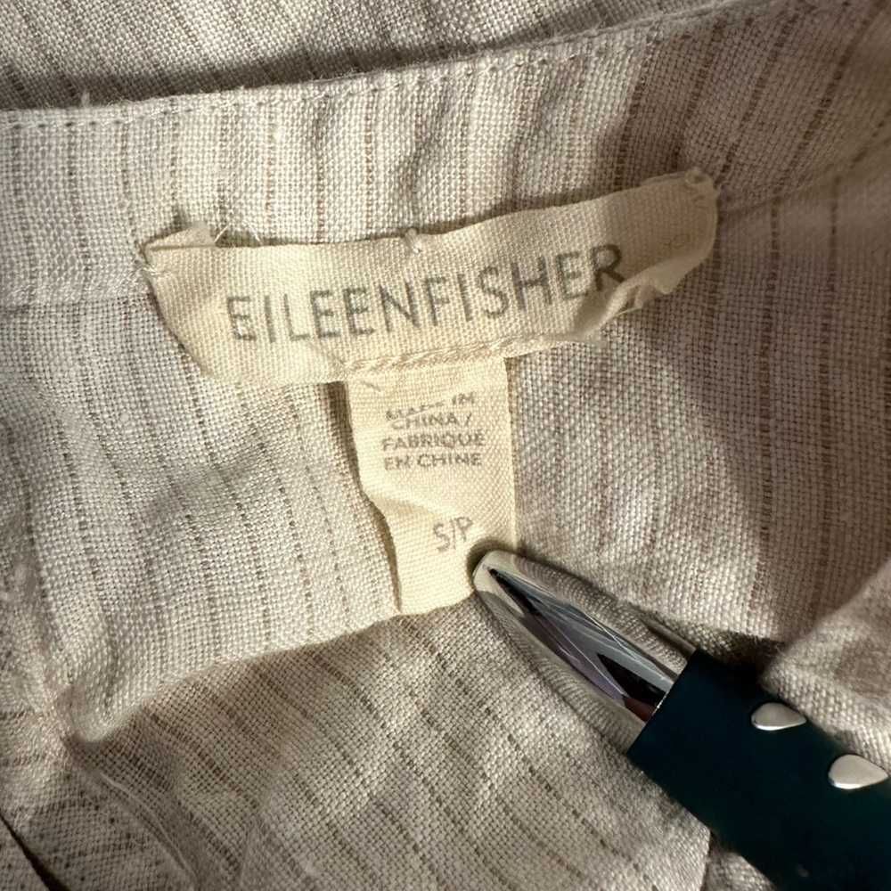 Eileen Fisher Cream Stripe Organic Linen Mini Dress sz Small Pocket Short Sleeve - Picture 9 of 11